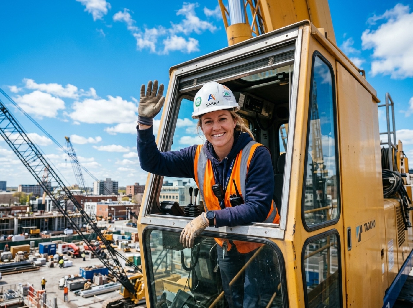 Crane operator waving from the cab